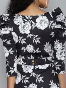 SASSAFRAS Black & White Floral  Power Shoulder Scuba A-Line Dress