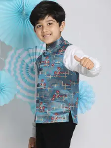 VASTRAMAY Boys Turquoise Blue & Red Woven Design Slim-Fit Nehru Jacket