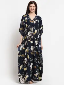 Claura Navy Blue & Beige Floral Printed Maxi kaftan Nightdress