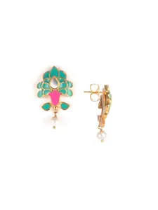 SHAYA Women Gold-Toned & Green Brass Gold Plated Leaf Shaped Studs Earrings