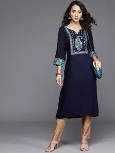 Libas Women Blue Paisley Printed Yoke Design Indigo Straight Kurta