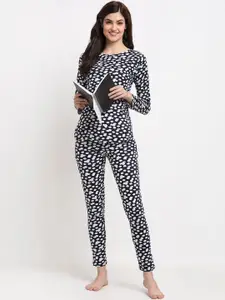 Boston Club Women Navy Blue & White Printed Night suit