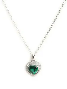 Clara Rhodium-Plated Silver-Toned & Green CZ Stone Studded Pendant With Chain