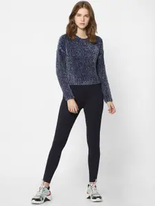ONLY Women Blue Self Design Cable Knit Cropped Pullover