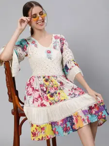 Ishin Women Off White & Yellow Floral Tiered Dress