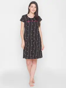 AV2 Women Black & White Striped Printed Pure Cotton T-Shirt Night Dress