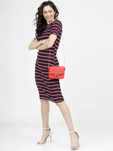 Tokyo Talkies Navy Blue Striped Sheath Dress