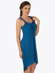 Soie Blue Solid Satin Styled Neckline Sleeveless Knee Length Nightdress