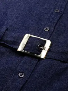 The Roadster Lifestyle Co Women Blue Denim Solid Pure Cotton Shirt Dress With Belt