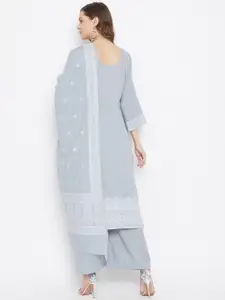 Safaa Women Grey Cotton Jacquard Chikankari Unstitched Suit With Dupatta