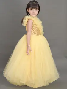 Pink Chick Kids Girls Yellow Net Sequined Net Maxi Dress