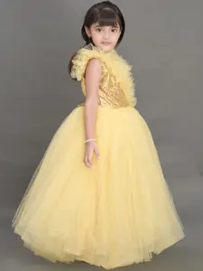 Pink Chick Beige Ruffled Sequined Embellished Net Maxi Dress