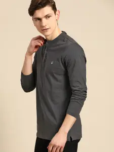 United Colors of Benetton Men Charcoal Grey Mandarin Collar Pure Cotton T-shirt