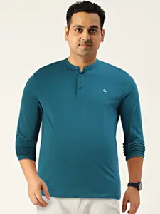 United Colors of Benetton Men Teal Green Mandarin Collar Pure Cotton T-shirt