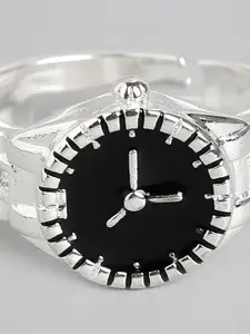 Jewels Galaxy Black Silver-Plated Clock Shaped Adjustable Finger Ring