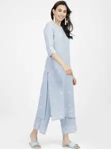 Vishudh Women Blue & White Ethnic Motifs Printed Kurta