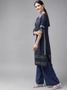 W Women Navy Blue Geometric Printed Keyhole Neck Straight Kurta
