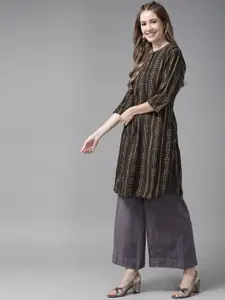 W Women Charcoal Grey & Off White Striped Straight Kurta