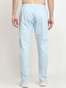 JAINISH Men Turquoise Blue & White Cotton Slim Fit Striped Track Pants