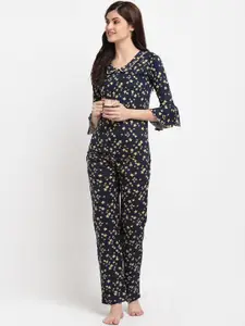 Boston Club Women Navy Blue & Yellow Printed Pure Cotton Night suit