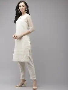W Women Cream-Coloured Striped Keyhole Neck Kurta