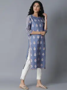 W Women Blue & White Ethnic Motifs Printed Keyhole Neck Cotton Kurta