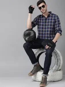 Roadster Men Navy Blue & Mustard Yellow Tartan Checked Pure Cotton Sustainable Casual Shirt