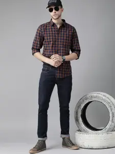 Roadster Men Navy Blue & Brown Tartan Checked Pure Cotton Sustainable Casual Shirt