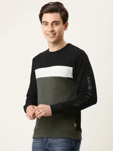 Flying Machine Men Black & Olive Green Colourblocked Pure Cotton Sweatshirt