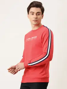 Flying Machine Men Coral Red Printed Side Striped Pure Cotton Sweatshirt