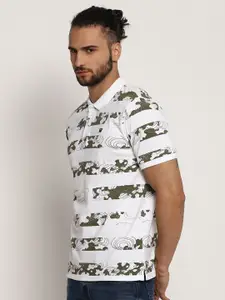 Wrangler Men White & Olive Green Printed Polo Collar T-shirt