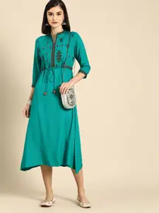 Anouk Green Ethnic Motifs Embroidered A-Line Dress