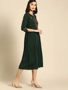 Anouk Green Ethnic Motifs Yoke Embroidered A-Line Midi Dress