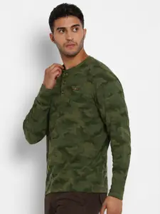 Royal Enfield Men Olive Green Camouflage Printed Henley Neck T-shirt