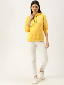 FOREVER 21 Women Yellow Solid Hooded Pullover Sweatshirt
