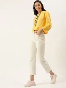 FOREVER 21 Women Yellow Embroidered Crop Hooded Sweatshirt