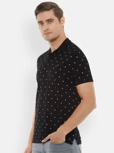 Louis Philippe Sport Men Black  White Printed Polo Collar Slim Fit Pure Cotton T-shirt