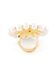 Zaveri Pearls Gold-Plated White & Green Kundan-Studded & Pearl Beaded Adjustable Meenakari Finger Ring