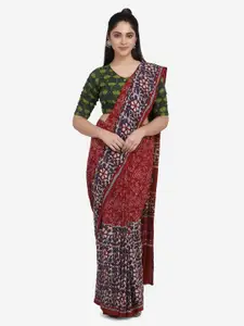 THE WEAVE TRAVELLER Women Green Ajrakh Hand Block Printed Cotton Saree Blouse