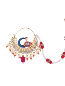 Silvermerc Designs Gold-Plated White Stone Studded & Beaded Meenakari Chained Nose Ring