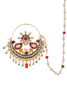 Silvermerc Designs Gold-Plated White & Green Stone-Studded & Beaded Meenakari Nose Ring
