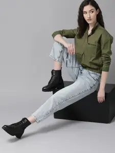 The Roadster Lifestyle Co. Women Olive Green Solid Stretchable Casual Shirt