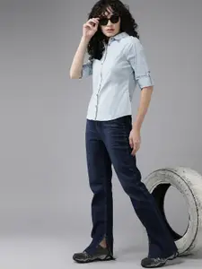 The Roadster Lifestyle Co. Women Blue Solid Roll-Up Sleeves Casual Shirt
