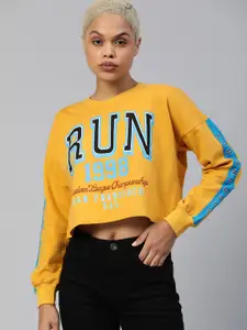 JUNEBERRY Women Yellow Printed Crop Sweatshirt