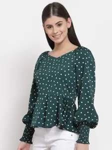 Style Quotient Green Polka Dots Printed Crepe Peplum Top