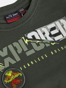 Gini and Jony Infant Boys Olive Green Typography Printed Applique Detail Cotton T-shirt