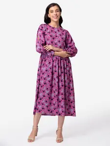 DEEBACO Purple & Grey Floral Printed Midi Dress