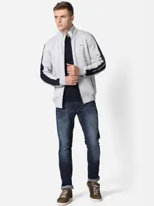 t-base Men Grey Melange & Navy Blue Front-Open Sweatshirt