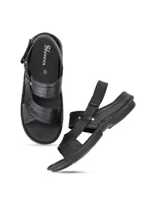 SHENCES Men Black Leather Comfort Sandals