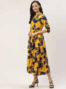 Deewa Navy Blue & Yellow Crepe Maxi Dress
